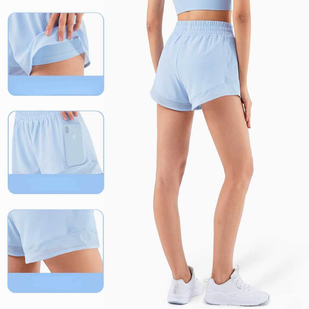 Women Mesh Stitching Elastic Band High Waist Fitness Shorts with Pockets DK1311
