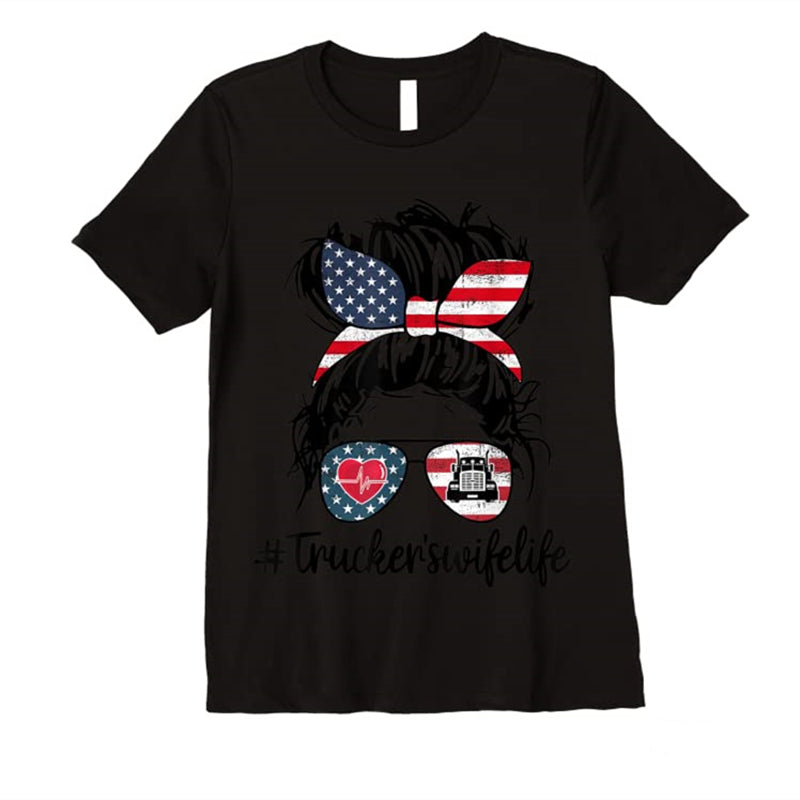 4th of July Women/Men American Flag Sunflower Glasses Letter Printed Short Sleeve Top Couple's T-shirt