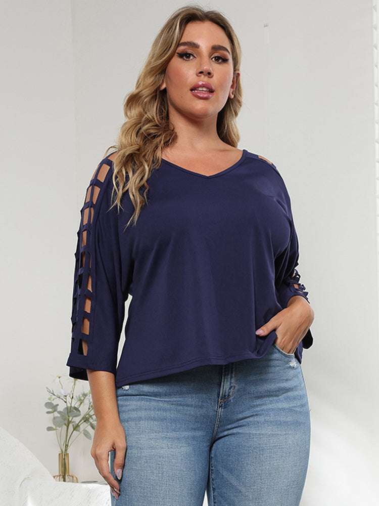 Plus Cut Out Sleeve V Neck Tee