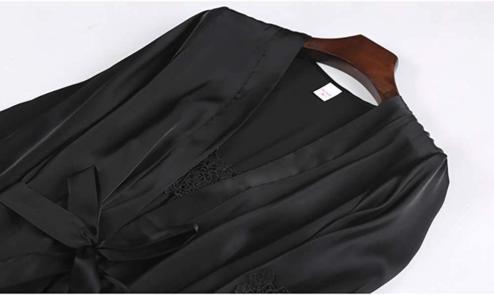 Women Black Silk Satin Cami Top Robe Sleepwear Nightdress with Chest Pads 5-Piece Sets