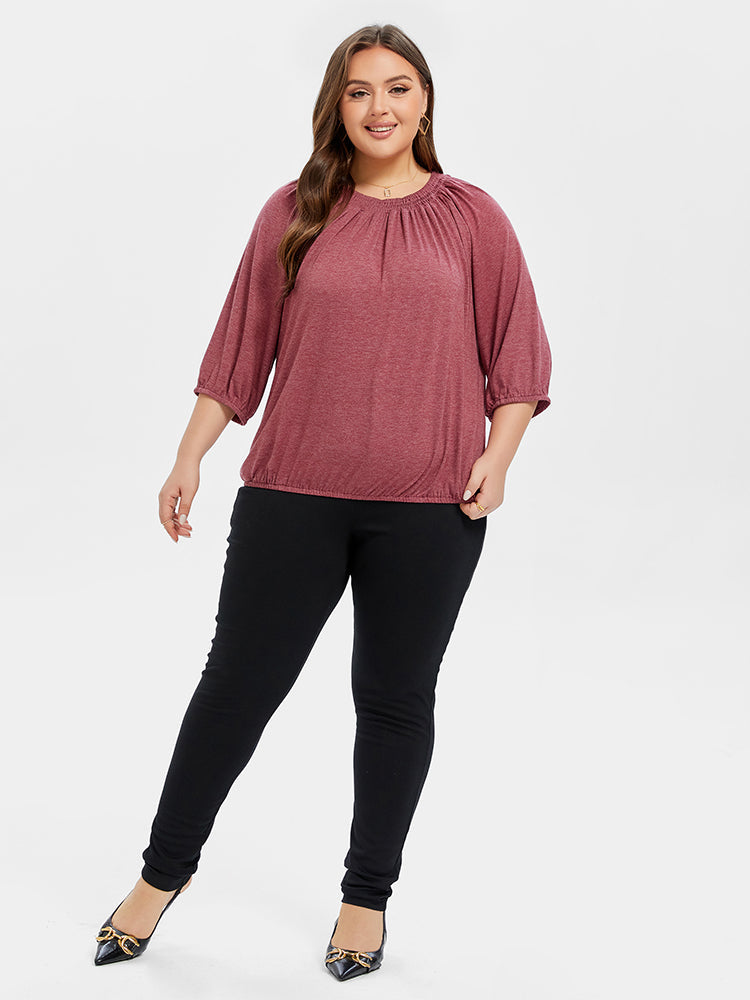 Solid Round Neck Ruched Tee