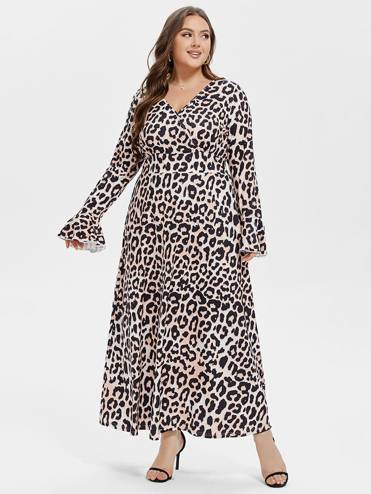 Leopard Print V-Neck Flounce Sleeve Maxi Dress
