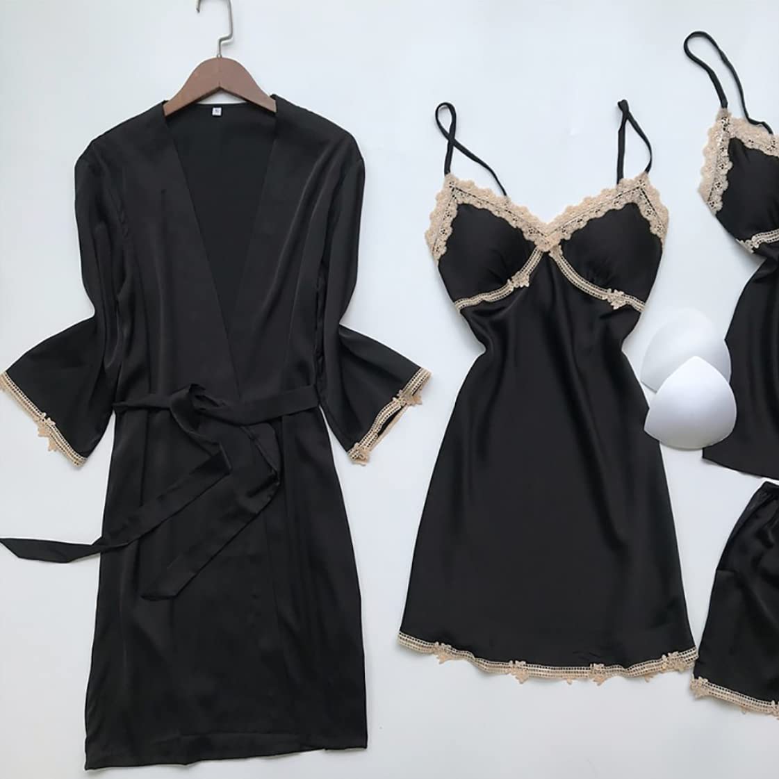 Women Black Sexy Satin V-Neck Cami Top Shorts Robe Nightdress 4-Piece Set