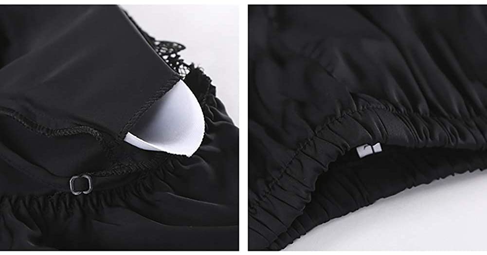 Women Black Silk Satin Cami Top Robe Sleepwear Nightdress with Chest Pads 5-Piece Sets