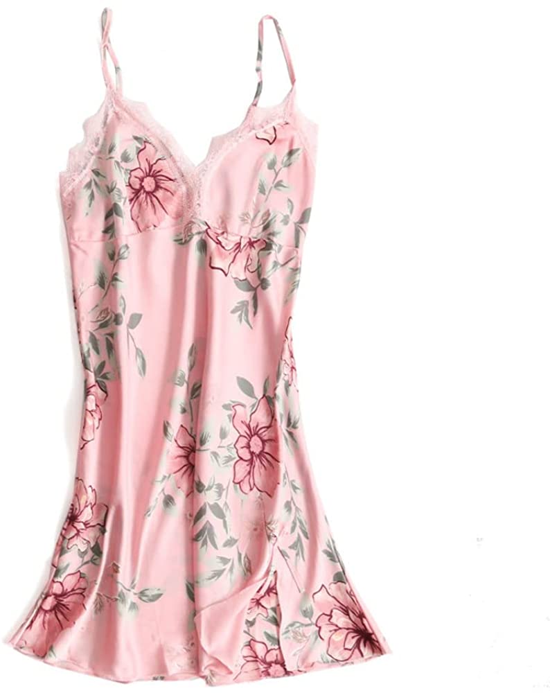 Women Floral Printed Pink Pajamas 5-Piece Set Sleepwear Satin Robe Nightdress with Chest Pads