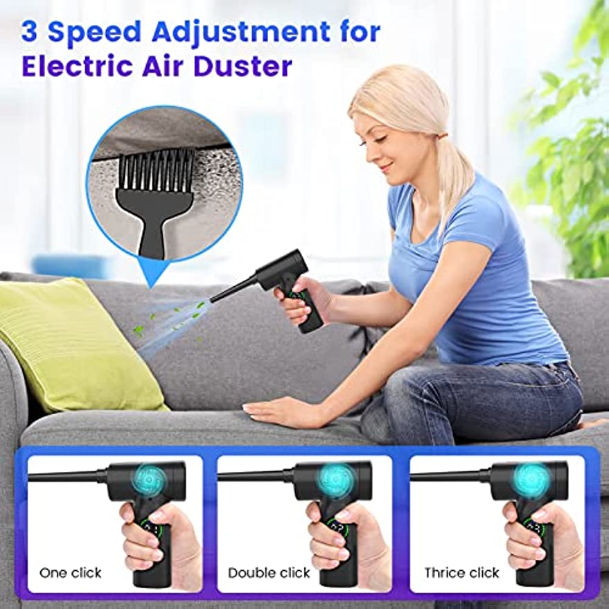 Compressed Air Duster, 110000 RPM Keyboard Cleaner for Office, 3 Adjustable Speed Electric Air Duster, Good Replacement for Compressed Air Can, 7500 mAh Rechargeable Electric Duster for Deep Cleaning