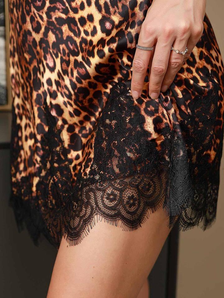 Silk Leopard Lace Trim Sexy Nightgown Slip Dress