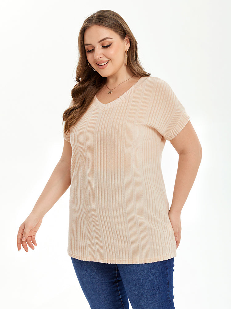 Solid V-Neck Ribbed Knit Tee