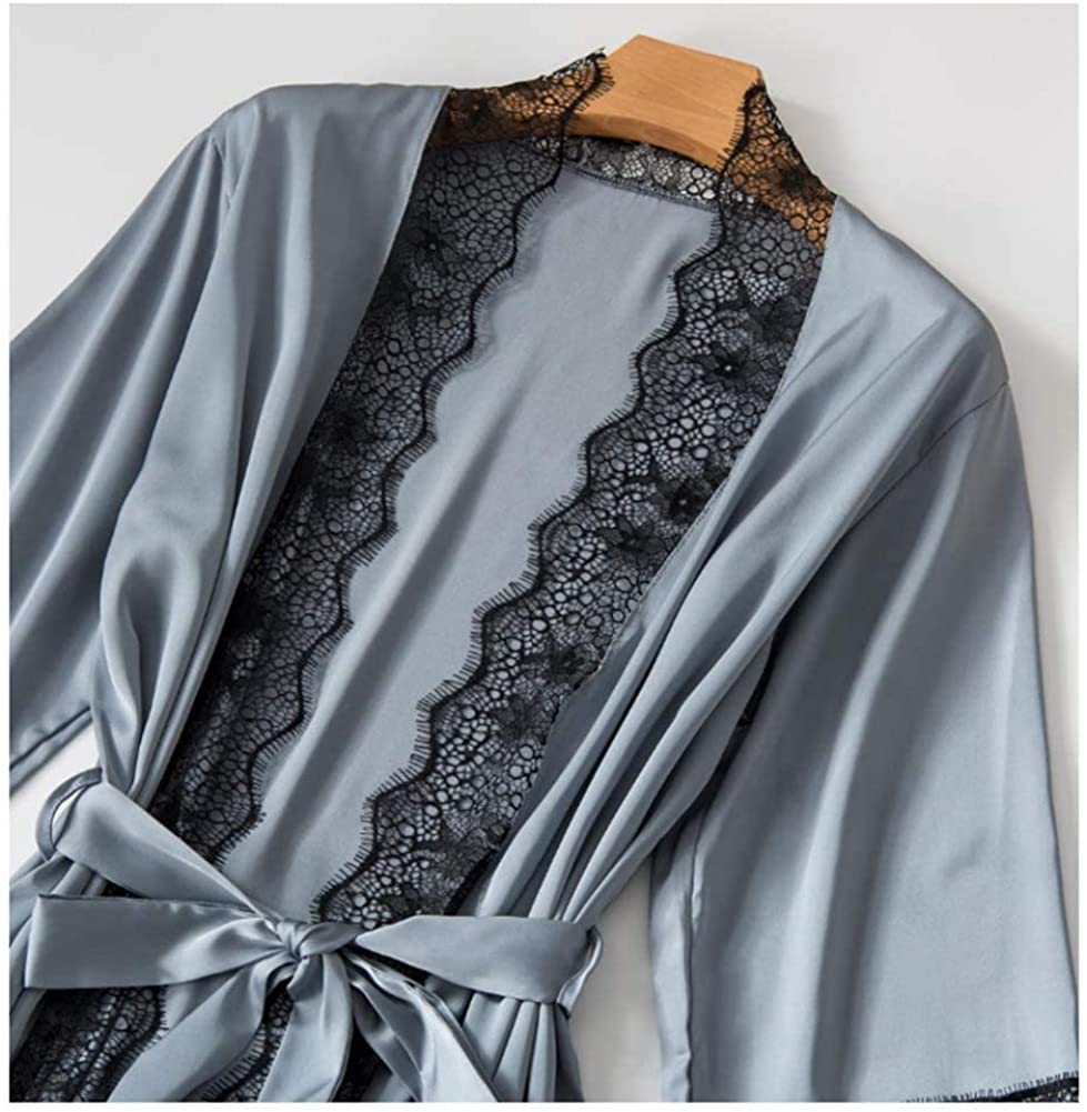 Women Grey 4pcs Pajama Set Cami Top Robe Sexy Nightdress with Chest Pads