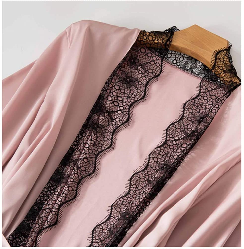 Women Pink 4pcs Pajama Set Cami Top Robe Sexy Nightdress with Chest Pads