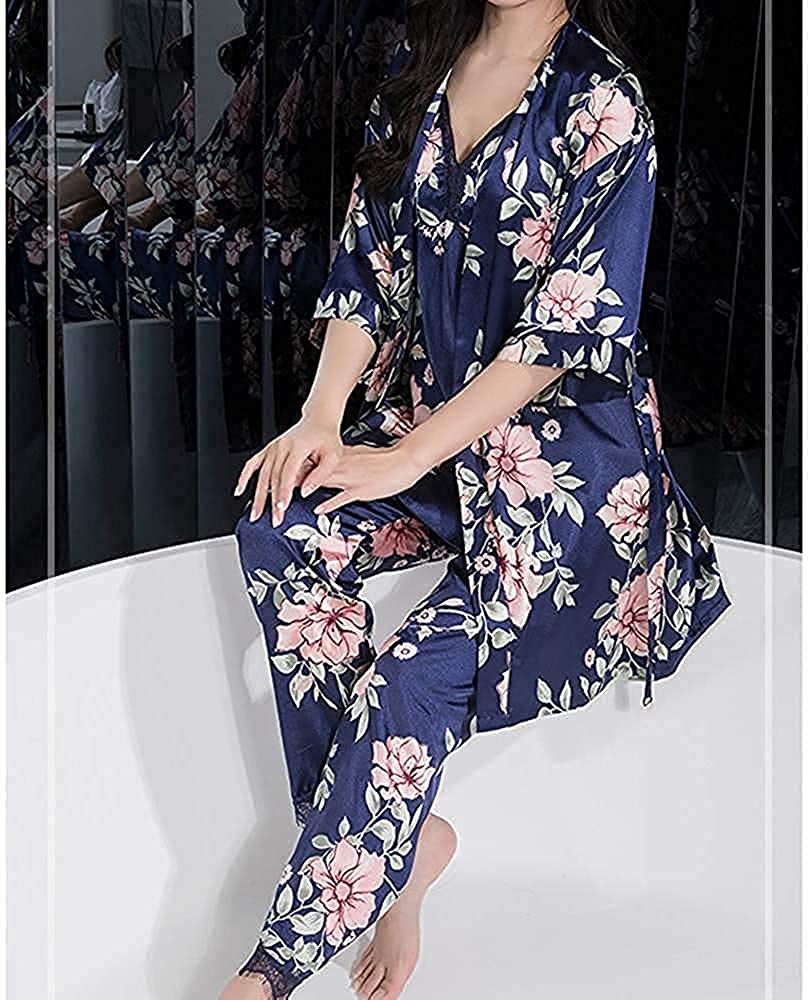 Women Floral Printed Navy Blue Pajamas 5-Piece Set Satin Robe Nightdress with Chest Pads