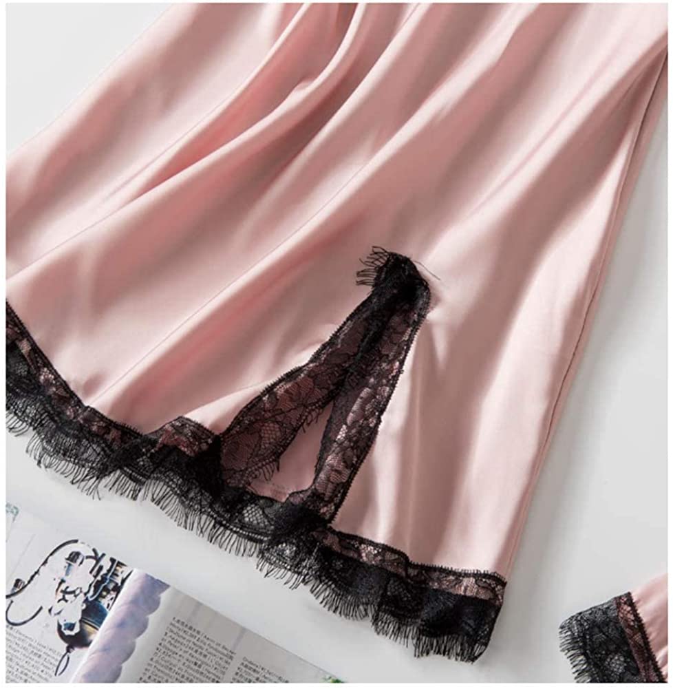 Women Pink 4pcs Pajama Set Cami Top Robe Sexy Nightdress with Chest Pads