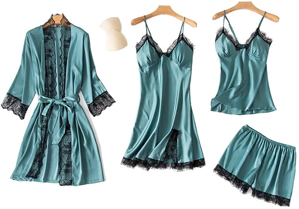 Women Turquoise 4pcs Pajama Set Cami Top Robe Sexy Nightdress with Chest Pads