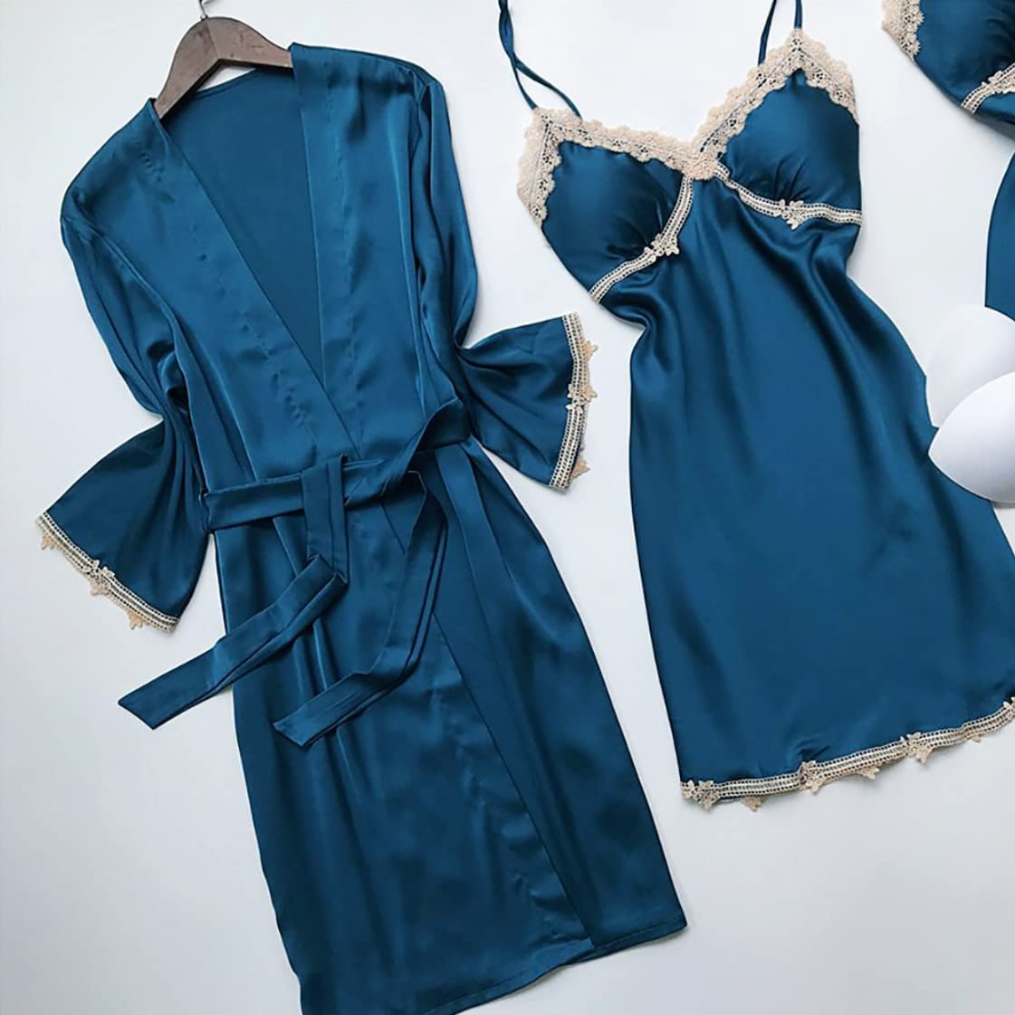 Women Lake Blue Sexy Satin V-Neck Cami Top Shorts Robe Nightdress 4-Piece Set