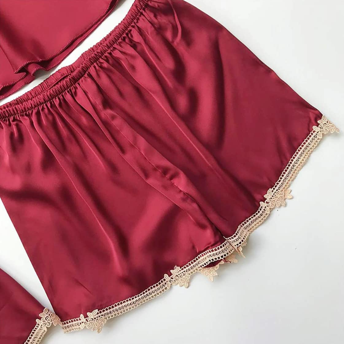 Women Red Sexy Satin V-Neck Cami Top Shorts Robe Nightdress 4-Piece Set