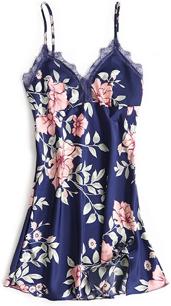Women Floral Printed Navy Blue Pajamas 5-Piece Set Satin Robe Nightdress with Chest Pads