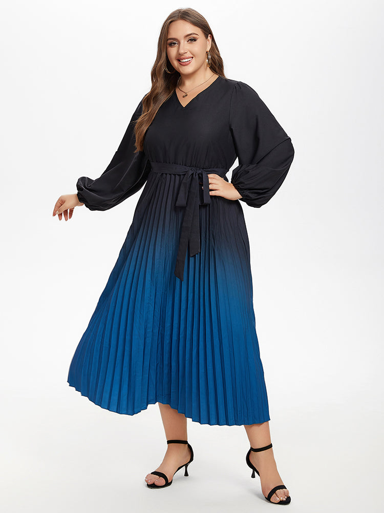 Modely Ombre Print Pleated Hem Belted Midi Dress