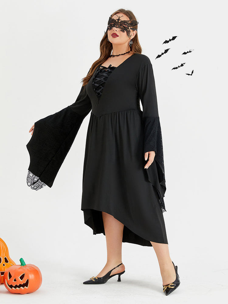 Halloween Lace Up Front Flare Sleeve Midi Dress