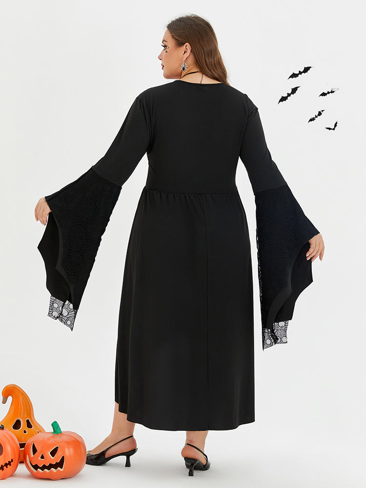Halloween Lace Up Front Flare Sleeve Midi Dress