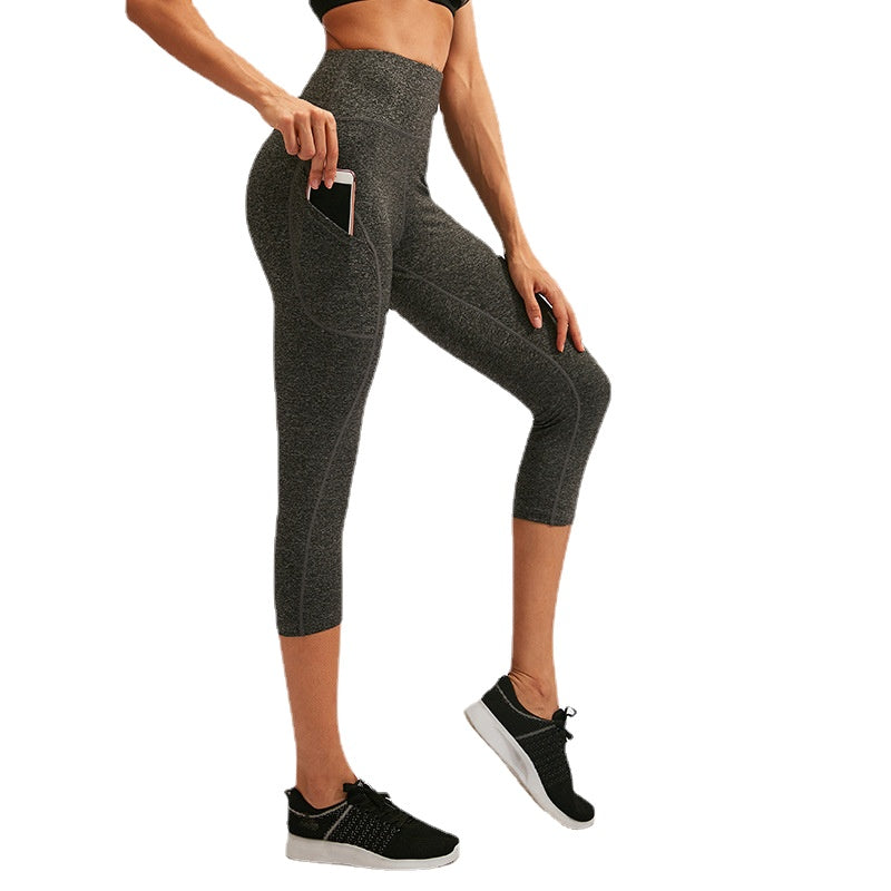 Women High Waist Hip Lift Tight Cropped Pants 3/4 Leggings with Pockets 92303