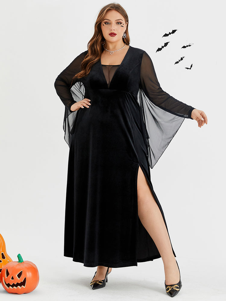 Halloween Contrast Mesh Batwing Sleeve Velvet Split Maxi Dress