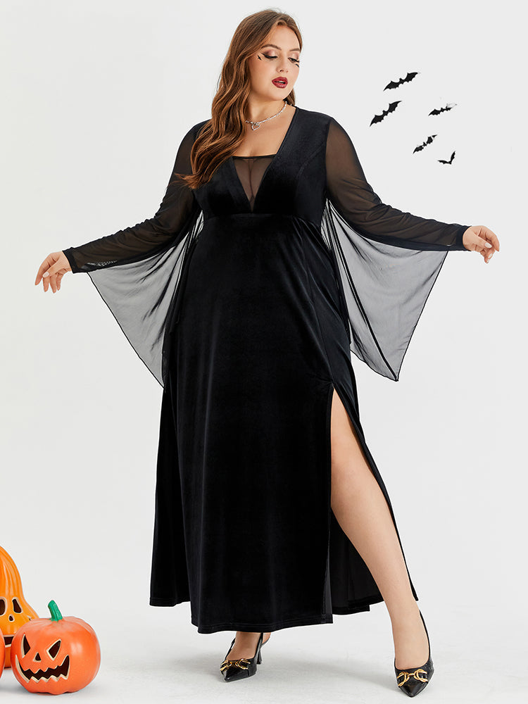Halloween Contrast Mesh Batwing Sleeve Velvet Split Maxi Dress