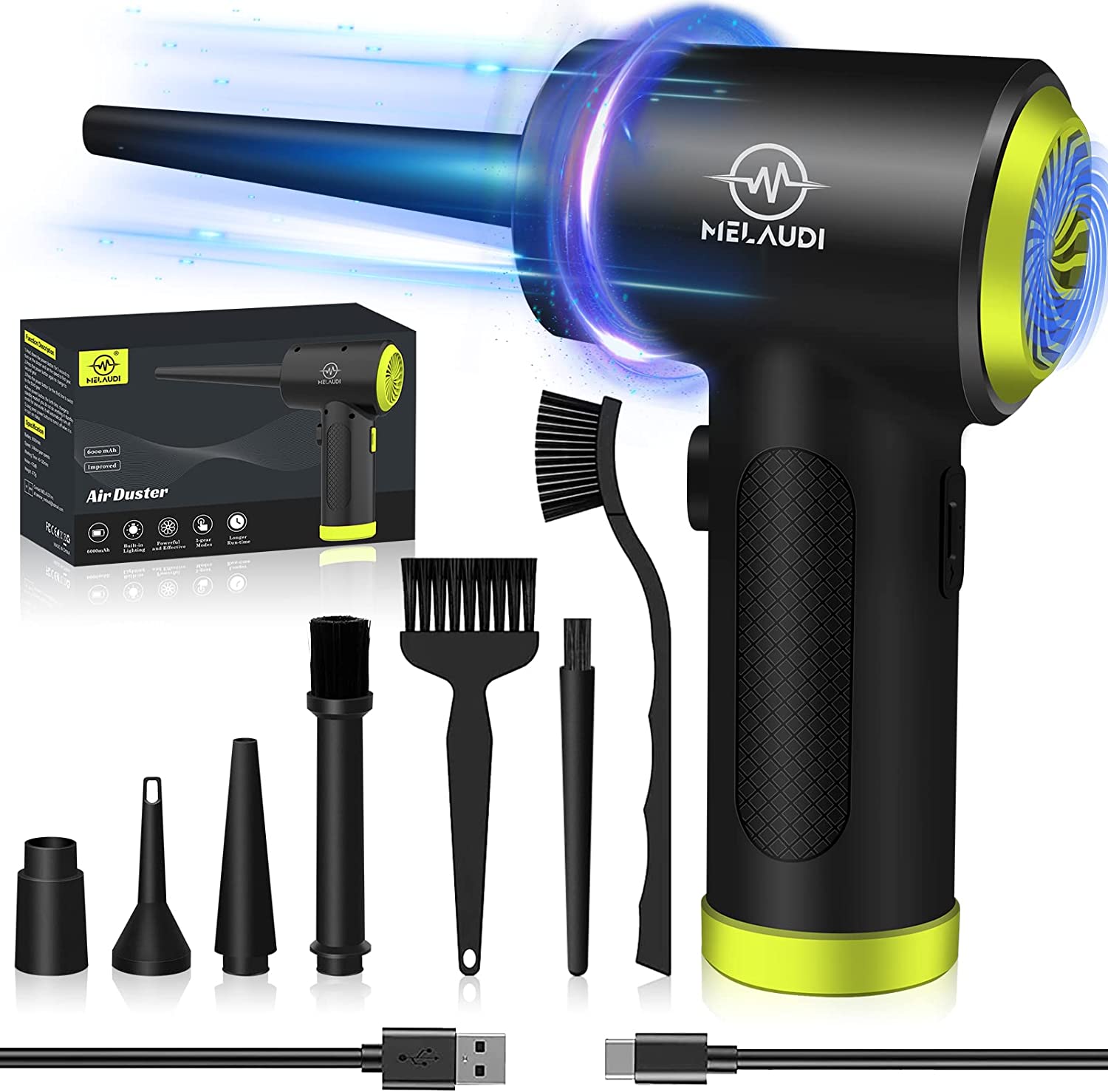 Compressed Air Duster, 3 Speeds Cordless Electric Air Duster with LED Light for Computer Keyboard Cleaning, Enhanced 100000 RPM Air Blower, 6000mAh Rechargeable Battery, New Generation Canned Airs