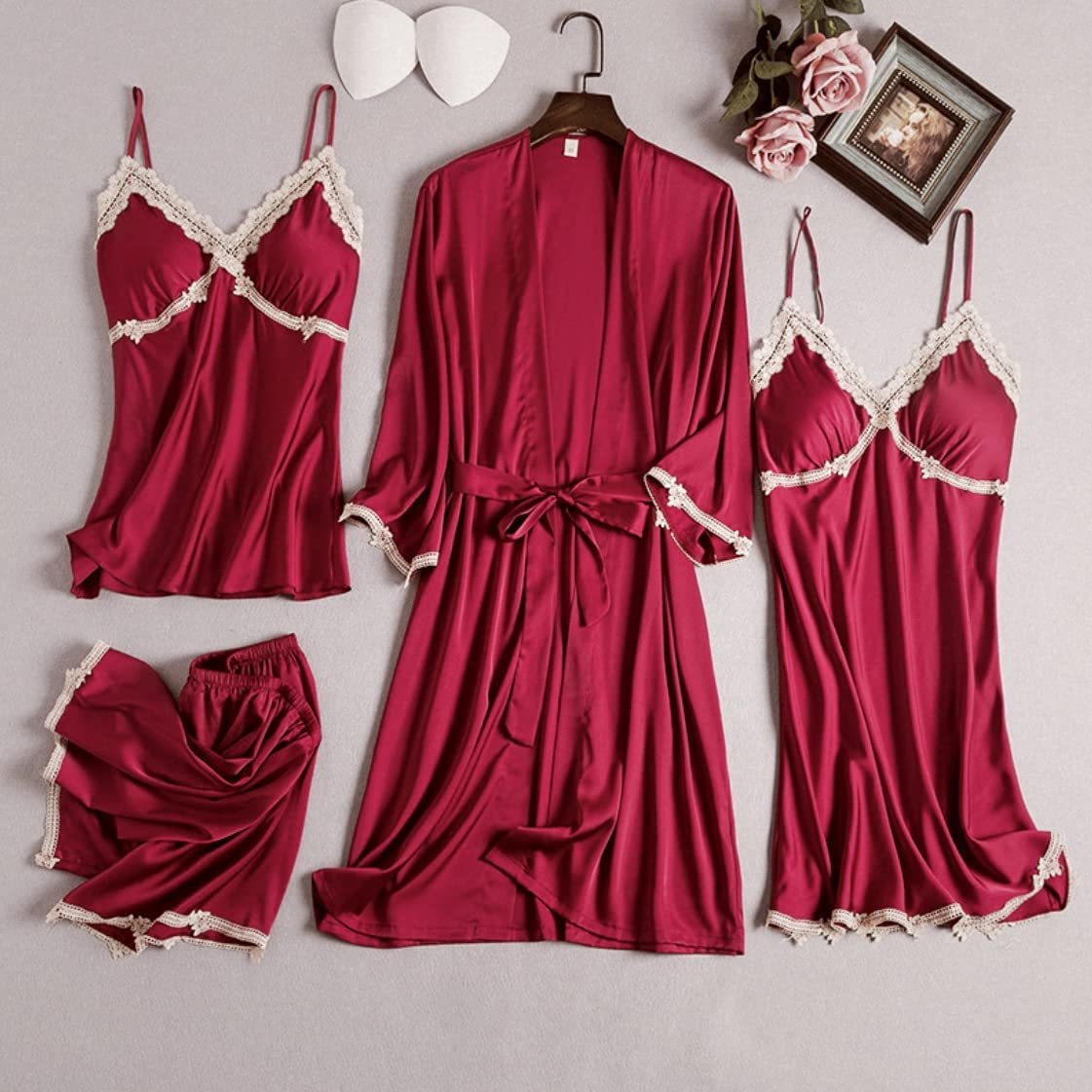 Women Red Sexy Satin V-Neck Cami Top Shorts Robe Nightdress 4-Piece Set