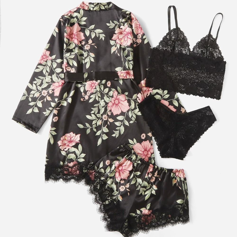Floral Printed Black Lace Nightgown Bathrobe Lingerie Four-Piece Set