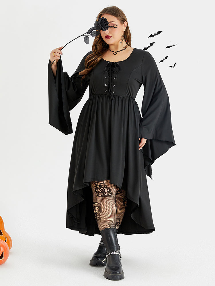 Halloween Drawstring Front Pocket High Low Midi Dress