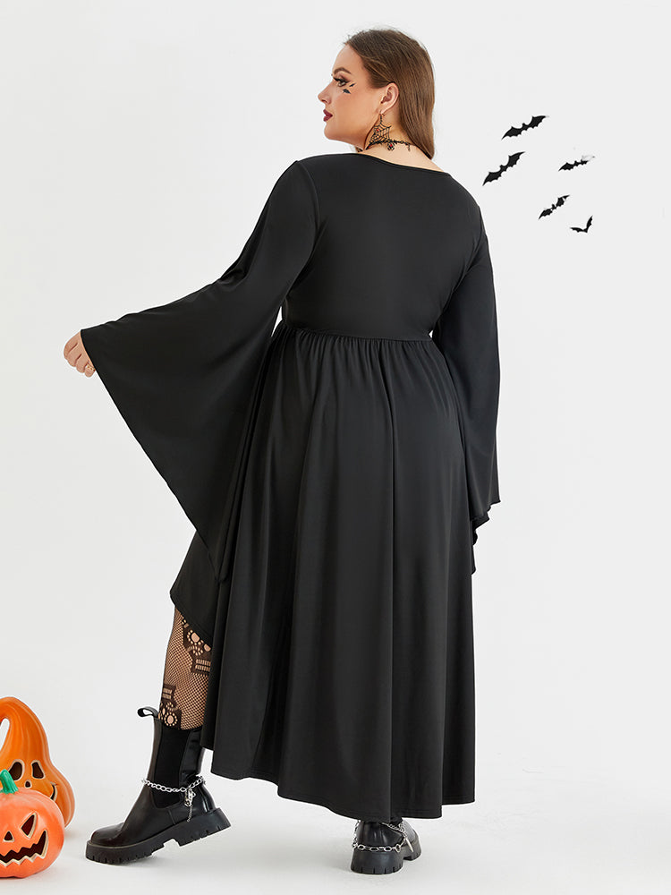 Halloween Drawstring Front Pocket High Low Midi Dress