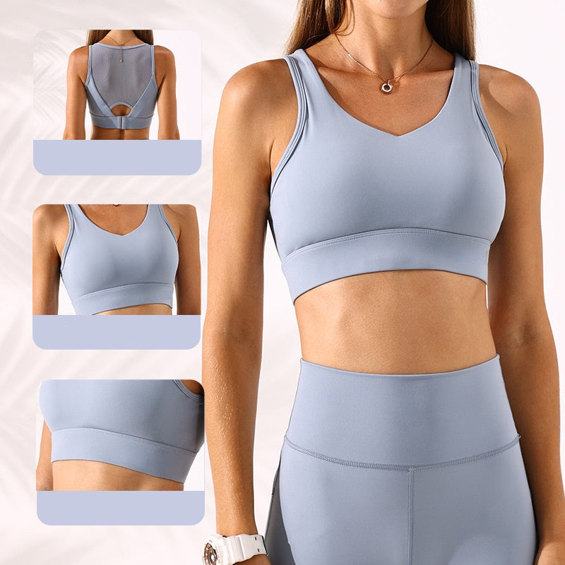 Women Adjustable Quakeproof Mesh Patchwork Sport Bra Yoga Shirts Workout Running Fitness Casual Crop Top