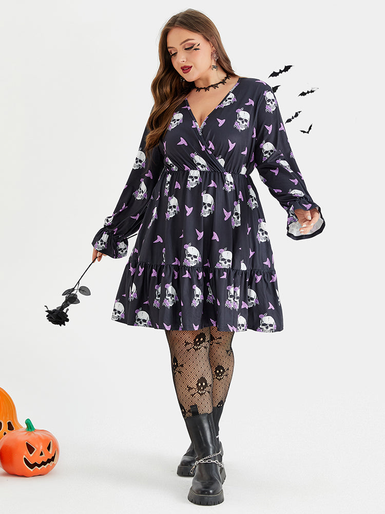 Halloween Print Flounce Sleeve Pocket Ruffle Trim Dress