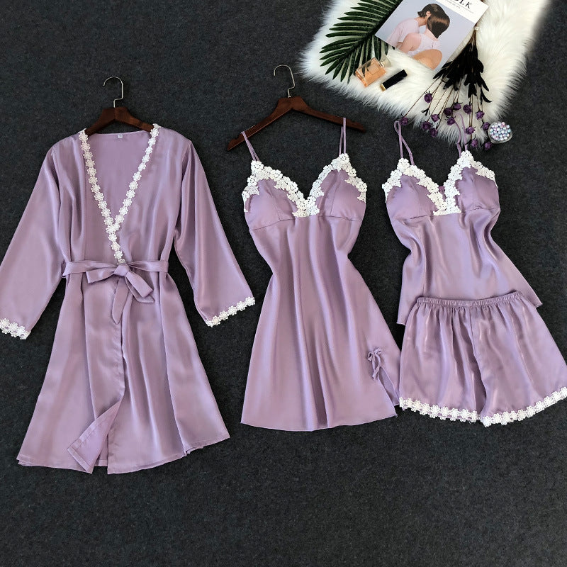 Women Robe Dress 4-Piece Satin Pajamas Set with Chest Pads 99