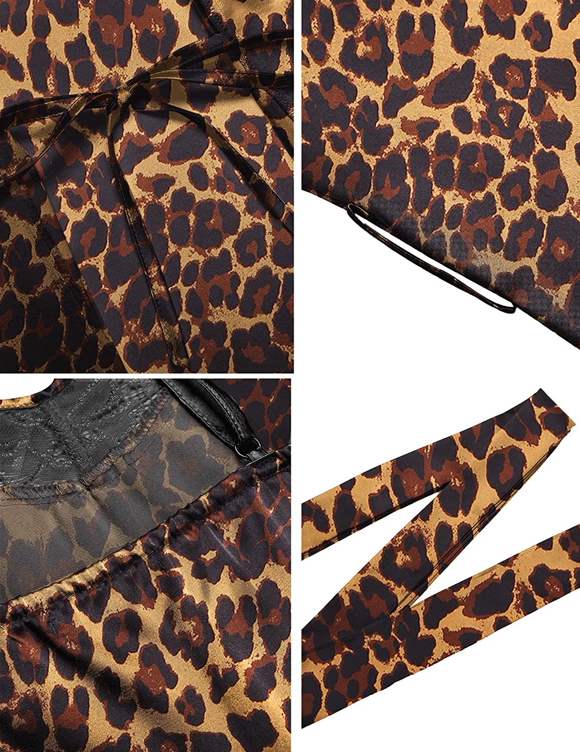 Women Sexy Leopard Print Sleepwear Lace Cami Nightwear Satin Robe 2-Piece Set