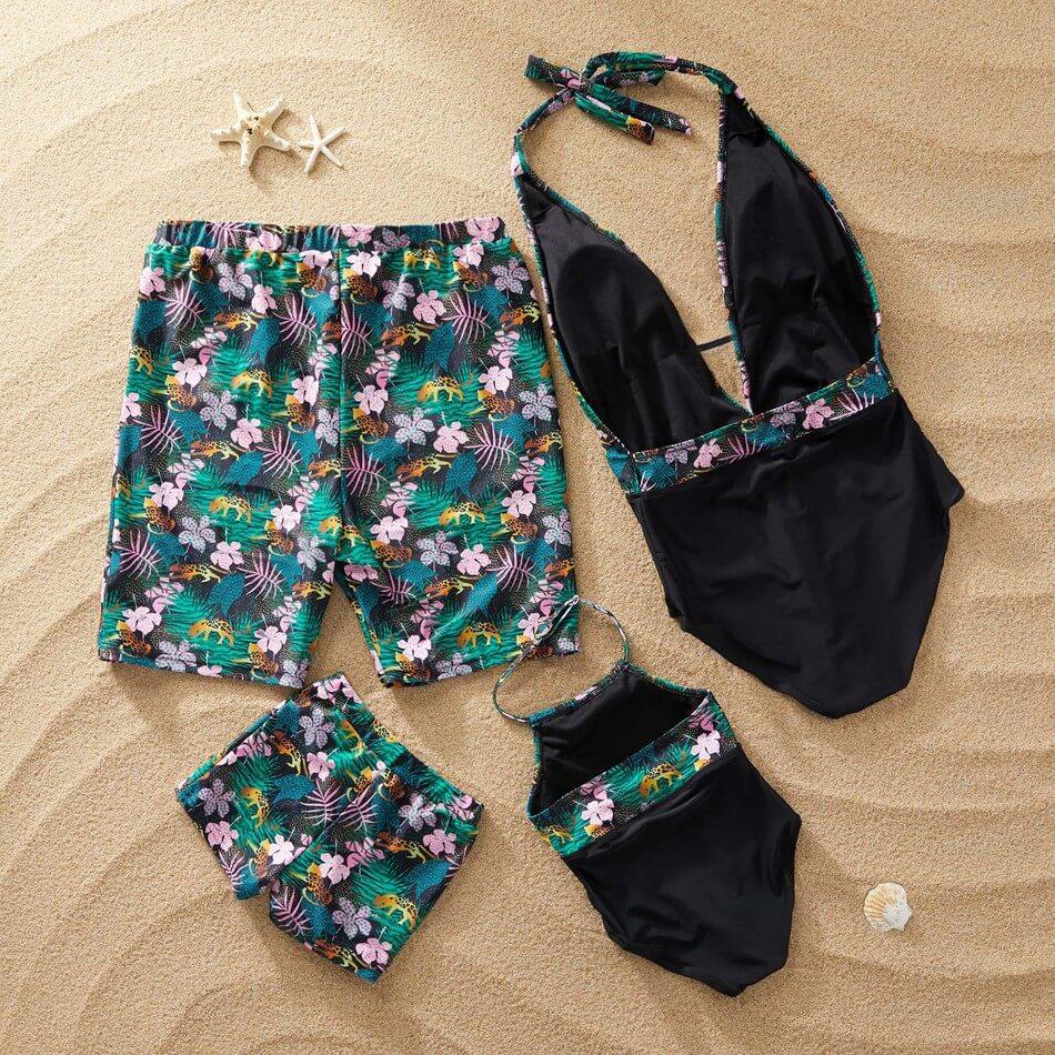 Deep V Floral Print Family Matching Swimsuit With Baby
