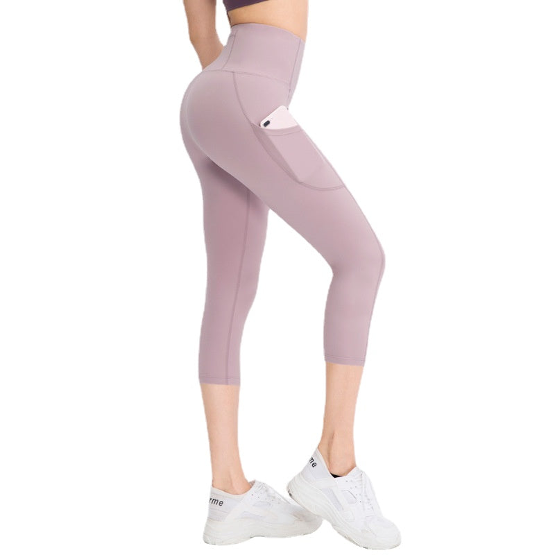 Women Solid Color Hip Lifting Fitness Running Yoga Cropped Pants 3/4 Leggings With Pockets 02338