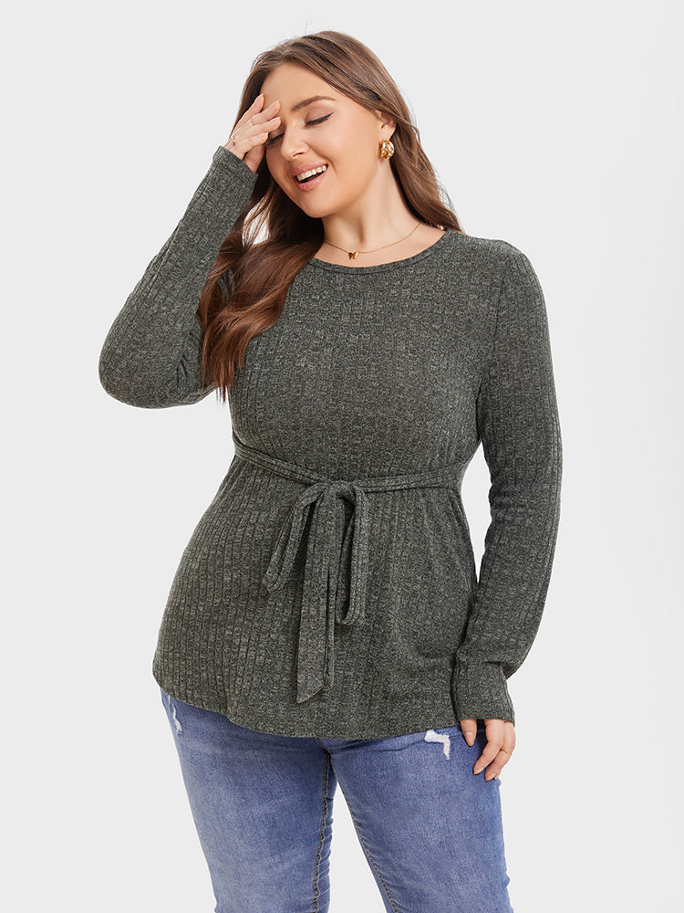 Round Neck Marled Knit Belted Tee