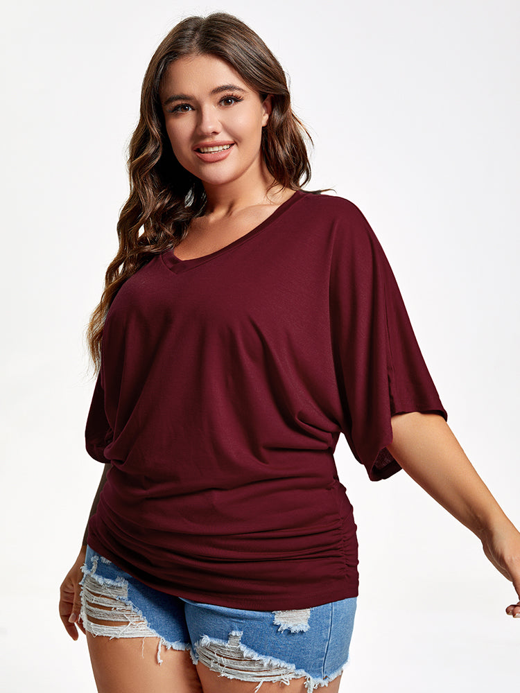 Plus Plain Ruched Batwing Sleeve Tee