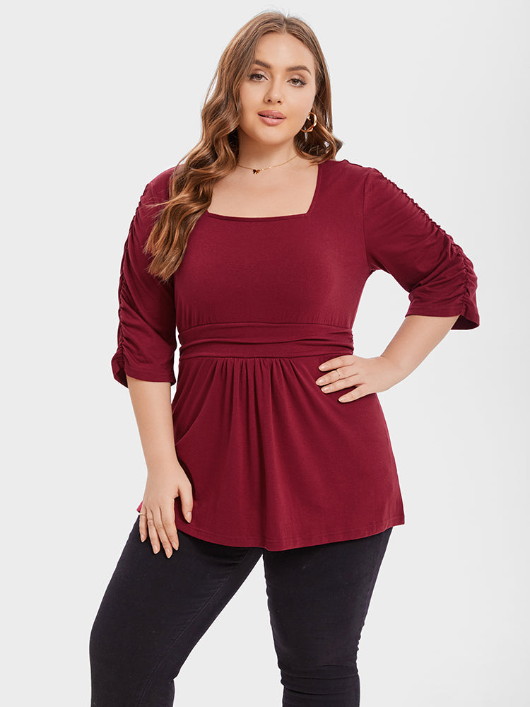 Square Neck Elastic Waist Ruched Tee