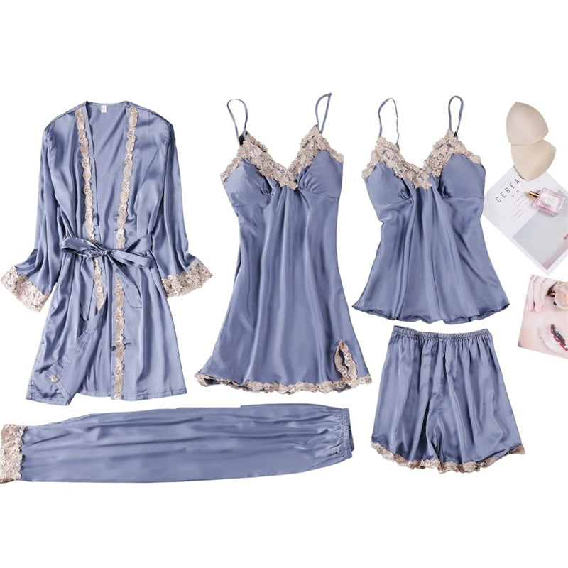 Women Blue Silk Satin Cami Top Robe Sleepwear Nightdress with Chest Pads 5-Piece Sets