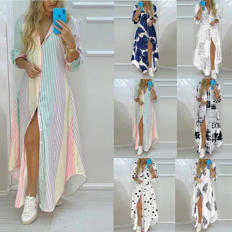Lapel Striped Print Long Sleeve Shirt Maxi Dress