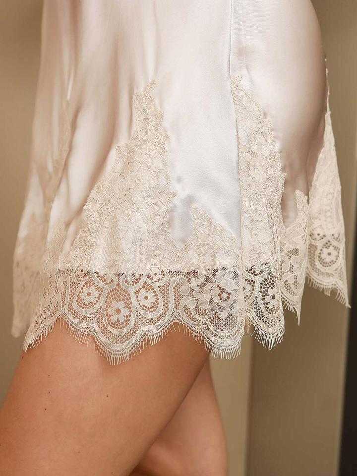 Pure Beige Silk Lace Neck & Hem Nightgown Slip Dress