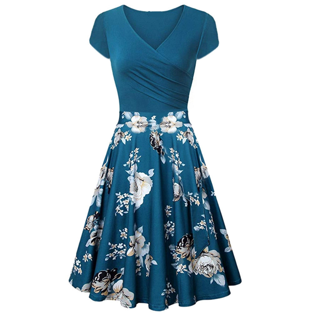 Floral Print Slim Maxi Dress Sexy V-Neck Big Swing Stitching Retro Sundress Women Plus Size Dresses