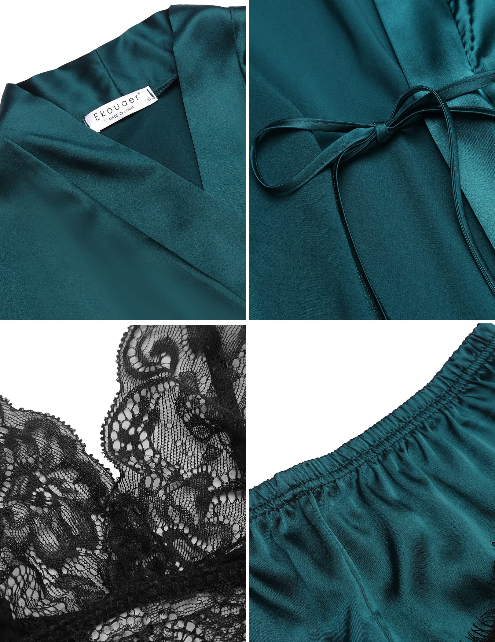 Women Dark Green Satin Sling Pajamas Lace Exotic Lingerie 4-Piece Set