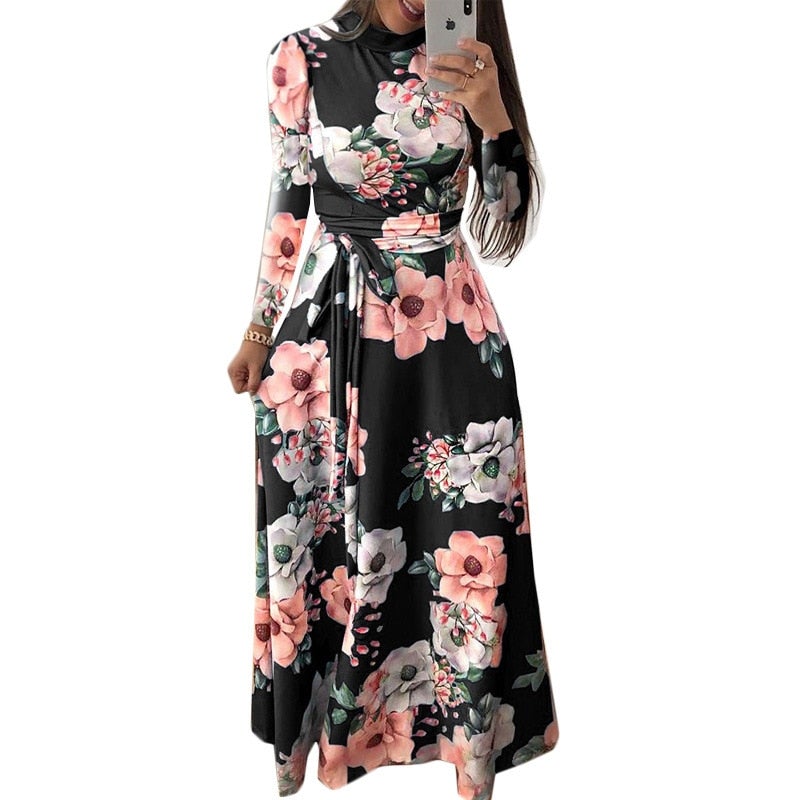 Elegant Flower Print Long Sleeve Maxi Dress