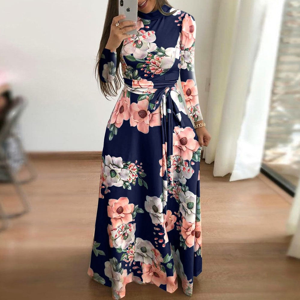 Elegant Flower Print Long Sleeve Maxi Dress