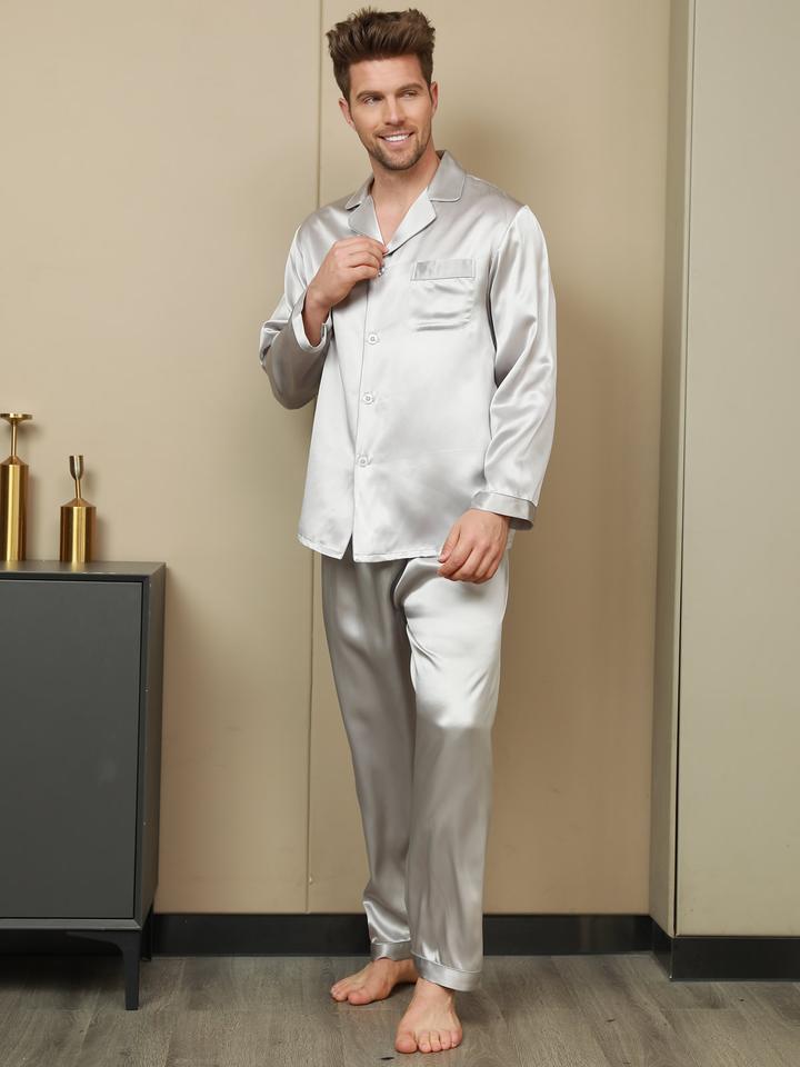 Luxurious 19Momme Grey Silk Men's Lapel Pajamas 2Pcs