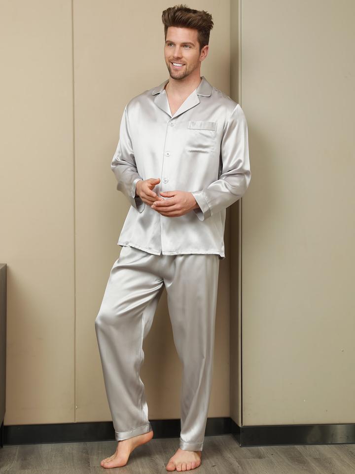 Luxurious 19Momme Grey Silk Men's Lapel Pajamas 2Pcs