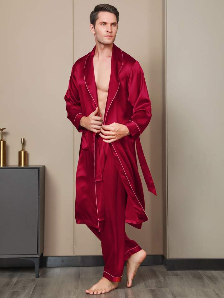 Red Men's Pure Silk Lapel Collar Belted Robe (Without Pants)